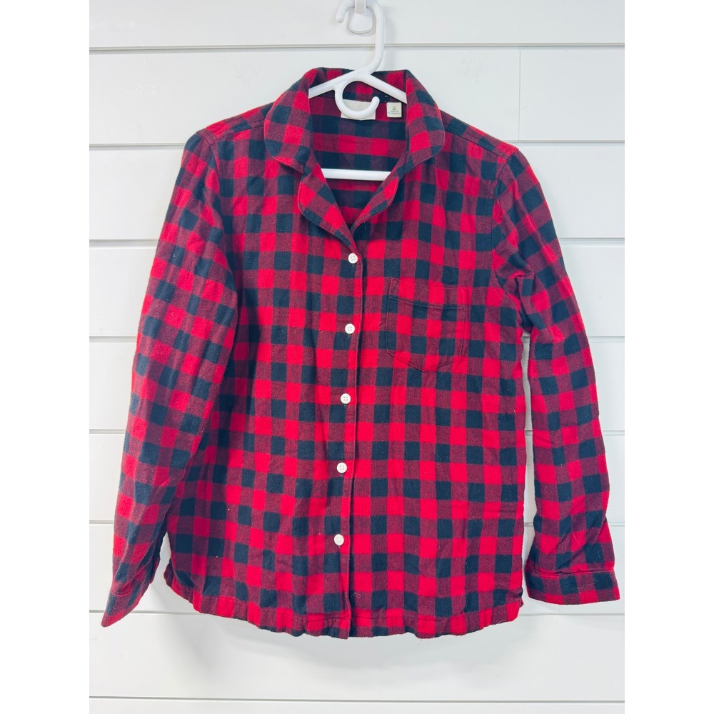 LL Bean Womens Red Black Buffalo Plaid Flannel Pajama Top Sleep Shirt Small